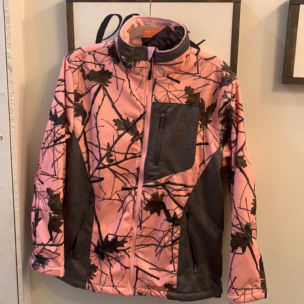 Pink and grey camouflage hunting (or not) jacket.